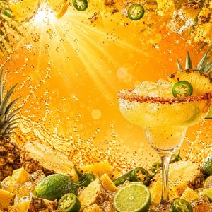 May include: A vibrant margarita cocktail with pineapple and lime garnishes, surrounded by fresh fruit and ice. The drink is in a stemmed glass with a salt-rimmed edge, set against a bright yellow background with water droplets.