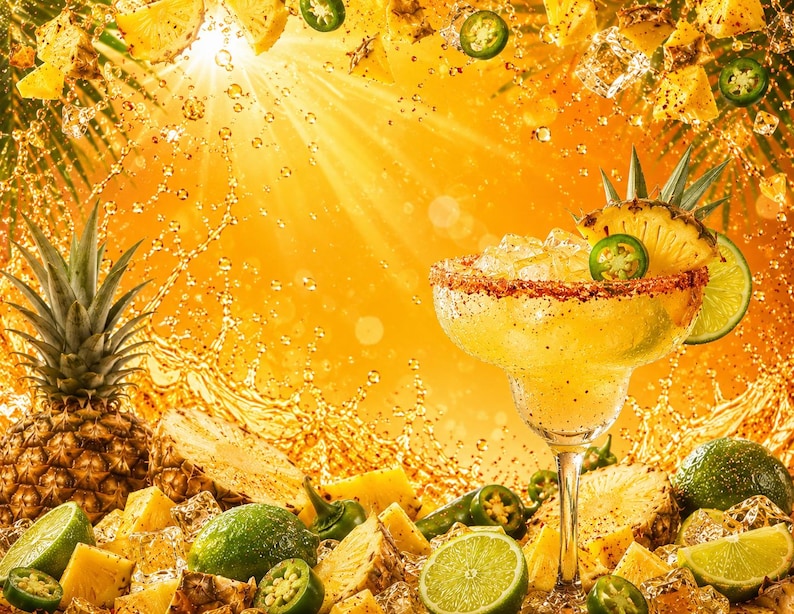 May include: A vibrant margarita cocktail with pineapple and lime garnishes, surrounded by fresh fruit and ice. The drink is in a stemmed glass with a salt-rimmed edge, set against a bright yellow background with water droplets.
