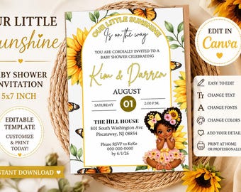 Zonnebloem babyshower uitnodiging canvas sjabloon | Onze Little Sunshine-uitnodiging | Babyshower meisje bewerkbare 5 x 7 afdrukbare (digitale download)