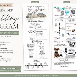 Może przedstawiać: Dwustronny program ślubny, 10,8 x 28 cm, z nowoczesną linią czasu ceremonii. Zawiera akwarelową ilustrację rezydencji oraz szczegóły ceremonii i przyjęcia. Tekst: "Witamy na ślubie Kim i Darren."