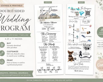Sjabloon bruiloftsprogramma, dubbelzijdig trouwprogramma, bewerkbare ceremonietijdlijn, canvassjabloon 4,25 x 11, afdrukbaar trouwprogramma