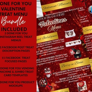 Könnte beinhalten: Ein Valentinstags-Menü-Bundle mit rotem und goldenem Design. Das Menü enthält Optionen für Erdbeersträuße, schokoladenüberzogene Erdbeeren und Leckereien in der Box. Das Bundle enthält Instagram-Reel-Menüs, Facebook-Post-Beschreibungen und Produkt-Mockups.