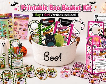 May include: A printable Halloween Boo Basket kit featuring a white woven basket with the text Boo!, various gift tags, door hangers, and sticker sheets. The kit includes colorful graphics of ghosts, pumpkins, and bats with the text You've Been Booed!
