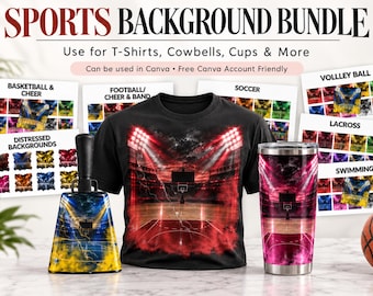 May include: A digital sports background bundle featuring a black t-shirt and a metal tumbler with basketball court graphics. The display includes printed sheets labeled Basketball & Cheer, Football/Cheer & Band, Soccer, Volley Ball, Lacross, Swimming, and Distressed Backgrounds.