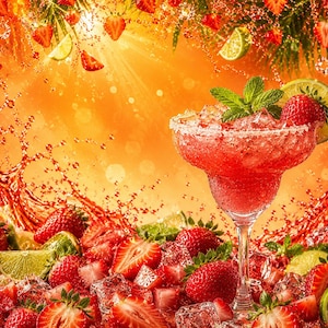 May include: A colourful image of a strawberry margarita in a stemmed glass, garnished with a strawberry, lime, and mint. The drink is surrounded by fresh strawberries, lime slices, and ice cubes against an orange background.