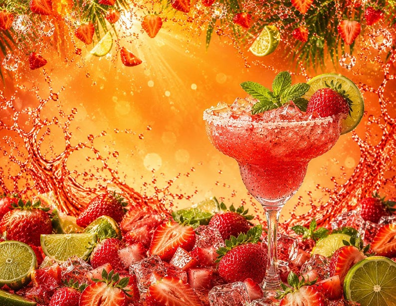 May include: A colourful image of a strawberry margarita in a stemmed glass, garnished with a strawberry, lime, and mint. The drink is surrounded by fresh strawberries, lime slices, and ice cubes against an orange background.