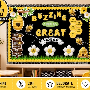 Peut inclure: Un kit de tableau d'affichage 6x4 avec un fond noir et le texte jaune BUZZING INTO A GREAT SCHOOL YEAR. Le design comprend des illustrations d'abeilles, de ruches, de fleurs et de panneaux en bois avec du texte comme BEE KIND et BEE CURIOUS.