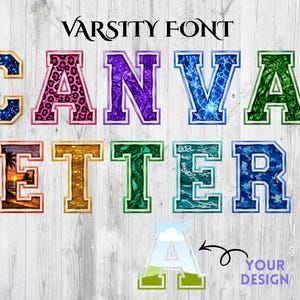 Varsity Letters Canva Frames A-Z | Editable Alphabet Template | Drag and Drop Letter Design | Sublimation Patch Style Font