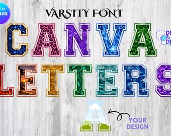 Canvaslijsten Varsity Letters A-Z | Bewerkbare alfabetsjabloon | Letterontwerp slepen en neerzetten | Lettertype sublimatiepatchstijl