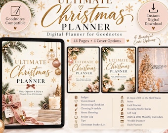 May include: A digital Christmas planner for Goodnotes featuring 44 pages and 4 cover options. The display shows the title Ultimate Christmas Planner with festive graphics including ornaments, pine branches, and gifts. A list of included features like budget, vision board, and calendars is provided.