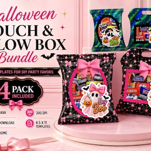 May include: A Halloween pouch and pillow box bundle featuring Canva templates for DIY party favors. The set includes four designs with black backgrounds, pink bows, and ghost graphics with the text Hey Boo. Includes 300 DPI 8.5 x 11 templates.