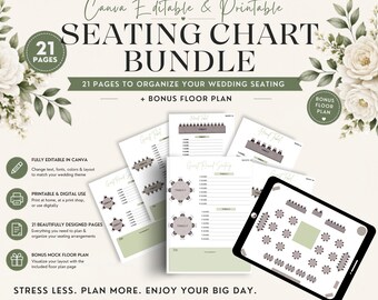 Bruiloft stoelenkaartbundel bewerkbaar canva, stoelplanner receptie, tafelsjablonen, plattegrond, 21 pagina's
