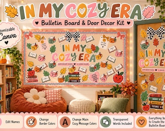 May include: A bulletin board and door decor kit featuring the text IN MY COZY ERA, decorated with illustrations of autumn leaves, mugs of hot cocoa, books, and apples. The kit includes customizable elements for names and editable color options.