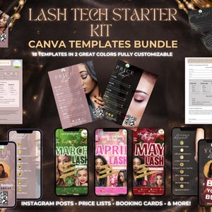 Op de afbeelding: Een Lash Tech Starter Kit Canva-sjabloonpakket met 18 sjablonen in 2 kleuren. Inclusief prijslijsten, boekingskaarten, Instagram-berichten en meer. De kit bevat een consultatieformulier en visitekaartjes.