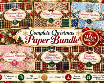 Christmas Digital Paper Bundle, 60 Designs, Tartan Plaid, Vintage Christmas, Pink Holiday Scrapbook Paper, 12x12 Printable