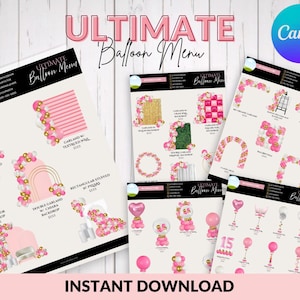Plantilla de menú con globos definitiva / Guía de precios de decoración para fiestas / Menú editable en Canva / Servicios de diseño para eventos / Descarga digital