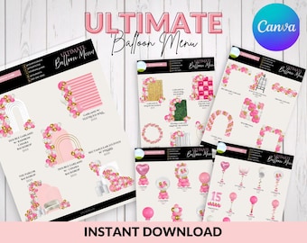 Modello di menu per palloncini definitivo / Guida ai prezzi per decorazioni per feste / Menu Canva modificabile / Servizi di styling per eventi / Download digitale
