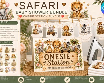 Safari babyshower romper station bundel afdrukbaar | Jungle Babyshower Spelletjes Voorspellingskaarten Advieskaarten Bordenset Bewerkbaar decor