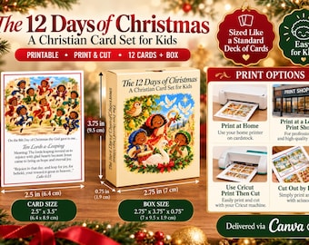 May include: A printable 12 Days of Christmas Christian card set for kids, including a box and 12 cards. The cards measure 2.5 inches by 3.5 inches, and the box measures 2.75 inches by 3.75 inches by 0.75 inches. Includes print instructions.