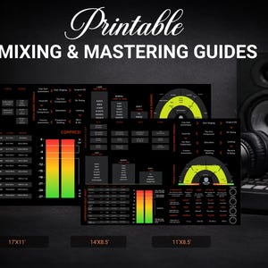 May include: Black and white image featuring three printable mixing and mastering guides. The guides display charts and diagrams with text, including "MIXING & MASTERING GUIDES" and size dimensions of 17x11", 14x8.5", and 11x8.5".