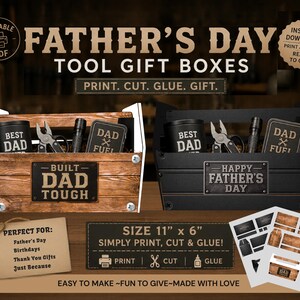 Könnte beinhalten: Geschenkboxen für Vatertags-Werkzeuge mit dem Text "Father's Day Tool Gift Boxes". Die Boxen sind in zwei Ausführungen erhältlich, eine mit Holzoptik und die andere mit schwarzem Metall. Jede Box enthält Werkzeuge und die Worte "Best Dad" und "Dad Fuel".