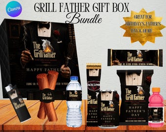 Grill Father Gift Box Bundle Canva Template | Father’s Day Treat Bundle | Chip Bag Water Label Cigar Wrap DIY Party Favor Set