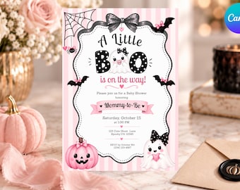 Inbjudan till babyshower med en liten buh är på väg, redigerbar Canvas-mall för rosa spöke och Halloween-babyshower, flickainbjudan