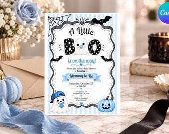 May include: A rectangular baby shower invitation card with a light blue striped background. The text reads A Little BOO is on the way! with graphics of ghosts, bats, a spider web, and a blue pumpkin. It includes event details and a black border.