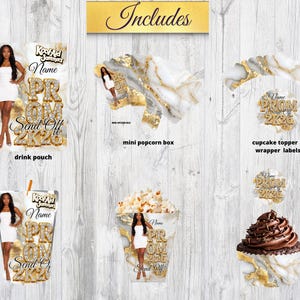 May include: A collection of party supplies with a gold and marble theme. Includes a drink pouch, mini popcorn box, cupcake topper, and wrapper labels. The text "Includes" and "PROM 2K20" are visible.