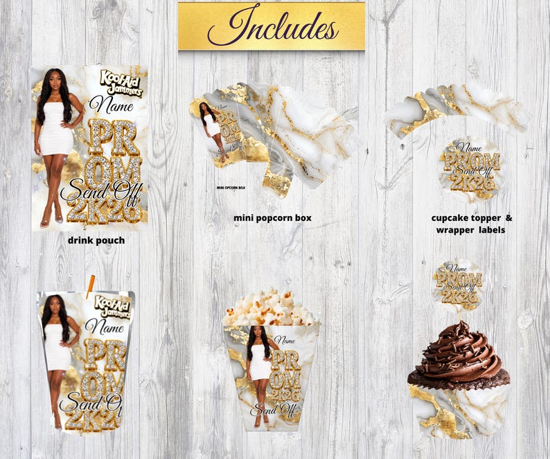 May include: A collection of party supplies with a gold and marble theme. Includes a drink pouch, mini popcorn box, cupcake topper, and wrapper labels. The text "Includes" and "PROM 2K20" are visible.