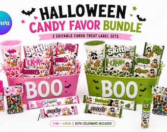 May include: A Halloween candy favor bundle featuring two plastic baskets in pink and green, each labeled BOO. The set includes various candy bars like Skittles, KitKat, Hershey's, Reese's, Airheads, Snickers, Starburst, and Push Pops with custom labels.