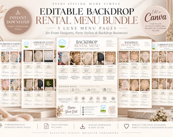May include: An editable backdrop rental menu bundle featuring five pages with beige and white layouts. The text includes "Editable Backdrop Rental Menu Bundle," "5 Luxe Menu Pages," and "Edit in Canva." The pages display various event backdrop options with pricing and service details for party planners.