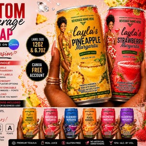 May include: Custom beverage wrap design with editable labels for events. Includes pineapple and strawberry margarita labels, with options for text, colours, images, and fonts. The design is fully customisable and available for instant download.