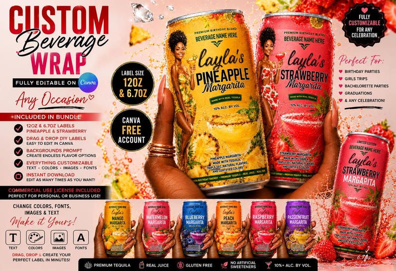 May include: Custom beverage wrap design with editable labels for events. Includes pineapple and strawberry margarita labels, with options for text, colours, images, and fonts. The design is fully customisable and available for instant download.