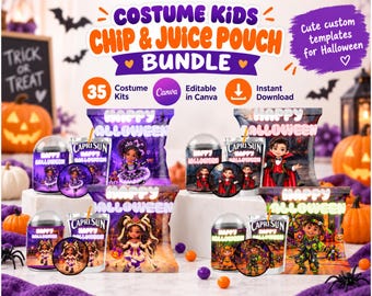 May include: A digital bundle of 35 editable Halloween costume kits for chip bags and juice pouches. The graphics feature characters in festive attire with the text "COSTUME KIDS CHIP & JUICE POUCH BUNDLE", "HAPPY HALLOWEEN", and "Cute custom templates for Halloween".