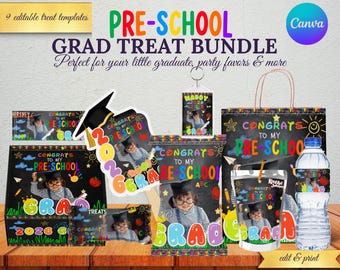 Canva-sjabloon voor afstudeertraktatiebundel voor kleuters | Bewerkbare partij gunstbundel | Cadeauset voor pre-K-chipzakje met waterlabel
