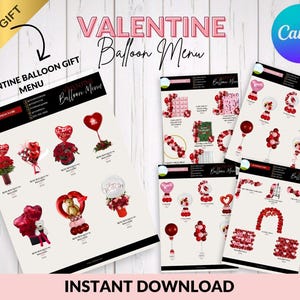 Puede incluir: Menú de globos de San Valentín con varios arreglos de globos rojos y rosas. Los diseños incluyen globos en forma de corazón, ramos y arcos. El texto "VALENTINE Balloon Menu" se muestra. Descarga instantánea.
