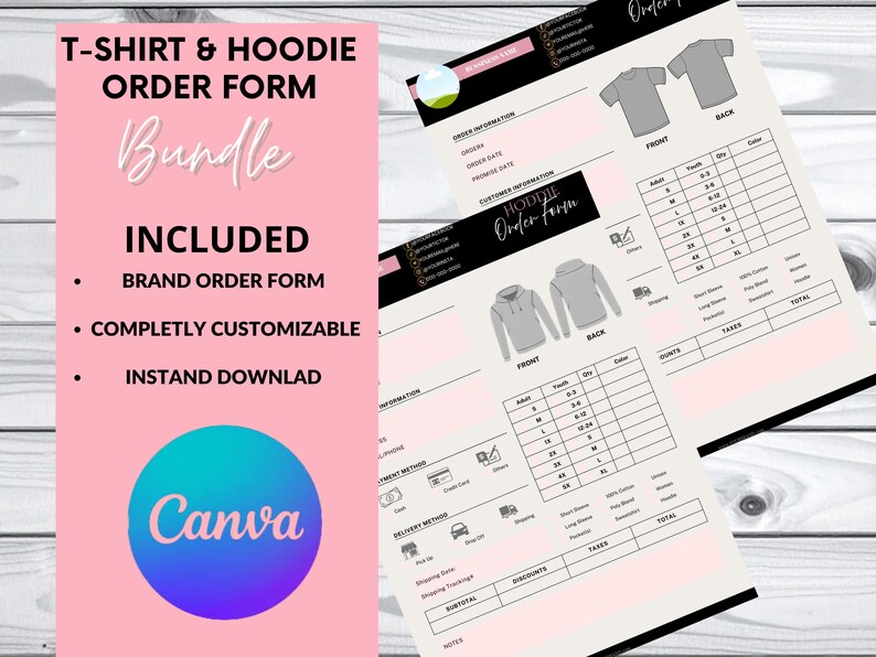 Editable T-shirt and Hoodie Order Form Bundle | Canva Business Template ...