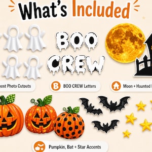 K&ouml;nnte beinhalten: Ein Halloween-Set bestehend aus sechs wei&szlig;en Geister-Fotoausschnitten, wei&szlig;en BOO CREW-Buchstaben, einem gelben Vollmond, einem schwarzen Spukhaus, drei orangefarbenen K&uuml;rbissen mit verschiedenen Mustern, drei schwarzen Flederm&auml;usen und f&uuml;nf kleinen gelben Sternen.
