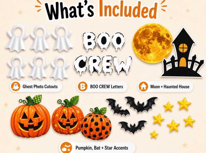 K&ouml;nnte beinhalten: Ein Halloween-Set bestehend aus sechs wei&szlig;en Geister-Fotoausschnitten, wei&szlig;en BOO CREW-Buchstaben, einem gelben Vollmond, einem schwarzen Spukhaus, drei orangefarbenen K&uuml;rbissen mit verschiedenen Mustern, drei schwarzen Flederm&auml;usen und f&uuml;nf kleinen gelben Sternen.