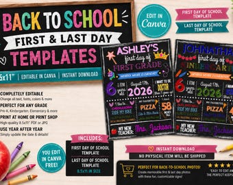 Sjabloon terug naar school eerste en laatste dag | Bewerkbaar canvas schoolbordbord | Kleuterschool Foto Prop | Afdrukbaar van 8,5 x 11 inch
