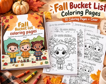 May include: A Fall Bucket List coloring book with a cover featuring three children in autumn attire and the text Fall Bucket list coloring pages. The set includes ten black and white coloring pages with themes like apple picking and pumpkin patches.