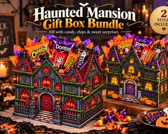 May include: Two Haunted Mansion gift boxes designed as gothic houses with red roofs, stone-textured walls, and glowing windows. The boxes are filled with various snack bags like Cheetos, Doritos, KitKat, and Reese's. Text reads Haunted Mansion Gift Box Bundle.