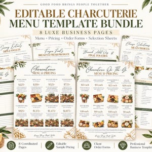 Può includere: Un pacchetto di modelli di menu per salumi modificabili con otto pagine aziendali, inclusi menu, prezzi e moduli d'ordine. I documenti presentano testo in verde scuro e oro, decorato con illustrazioni botaniche e foto di cibo.