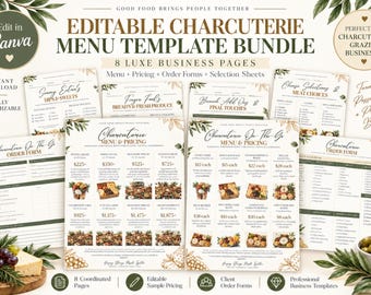 May include: An editable charcuterie menu template bundle featuring eight business pages including menus, pricing, and order forms. The documents display text in dark green and gold, decorated with botanical leaf illustrations and food photos.
