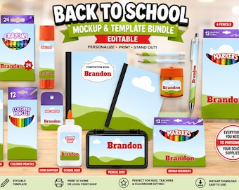 Könnte beinhalten: Ein Back to School-Mockup- und Vorlagenpaket mit verschiedenen Schulmaterialien wie Buntstiften, Klebestiften, Notizbüchern, Stiften, Markern, Lesezeichen, Handdesinfektionsmittel, Schulkleber und einer Stiftebox, alle personalisiert mit dem Namen Brandon.