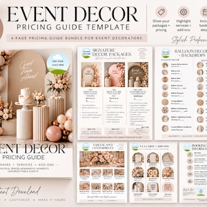 Pode incluir: Um modelo de guia de preços de seis páginas para decoração de eventos com uma paleta de cores neutras. O documento inclui seções para pacotes, decoração com balões, fundos, centros de mesa, complementos e informações de reserva com espaços para logotipos.