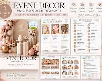 May include: A six-page event decor pricing guide template featuring a neutral color palette. The document includes sections for signature packages, balloon decor, backdrops, table centerpieces, a la carte add-ons, and booking information with placeholders for logos and custom text.