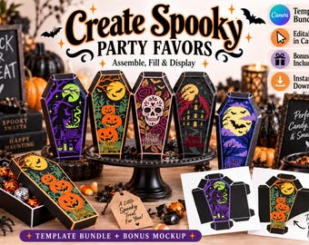 May include: A set of coffin-shaped party favor boxes featuring Halloween designs like witches, pumpkins, skulls, and haunted houses. The bundle includes printable templates, editable Canva files, and bonus mockups for assembling treat containers.
