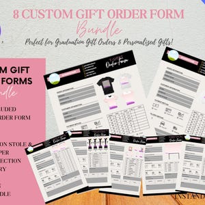 May include: A bundle of eight custom gift order forms, perfect for graduation gifts and personalized orders. The forms include a brand order form, t-shirt, hoodie, graduation stole, hat topper, gift collection, stationary, pillow, yard sign, and grad bundle.